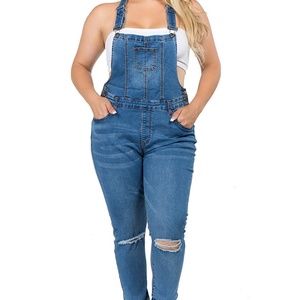 Moda Plus Size Stretchy Distressed Jeans Overalls